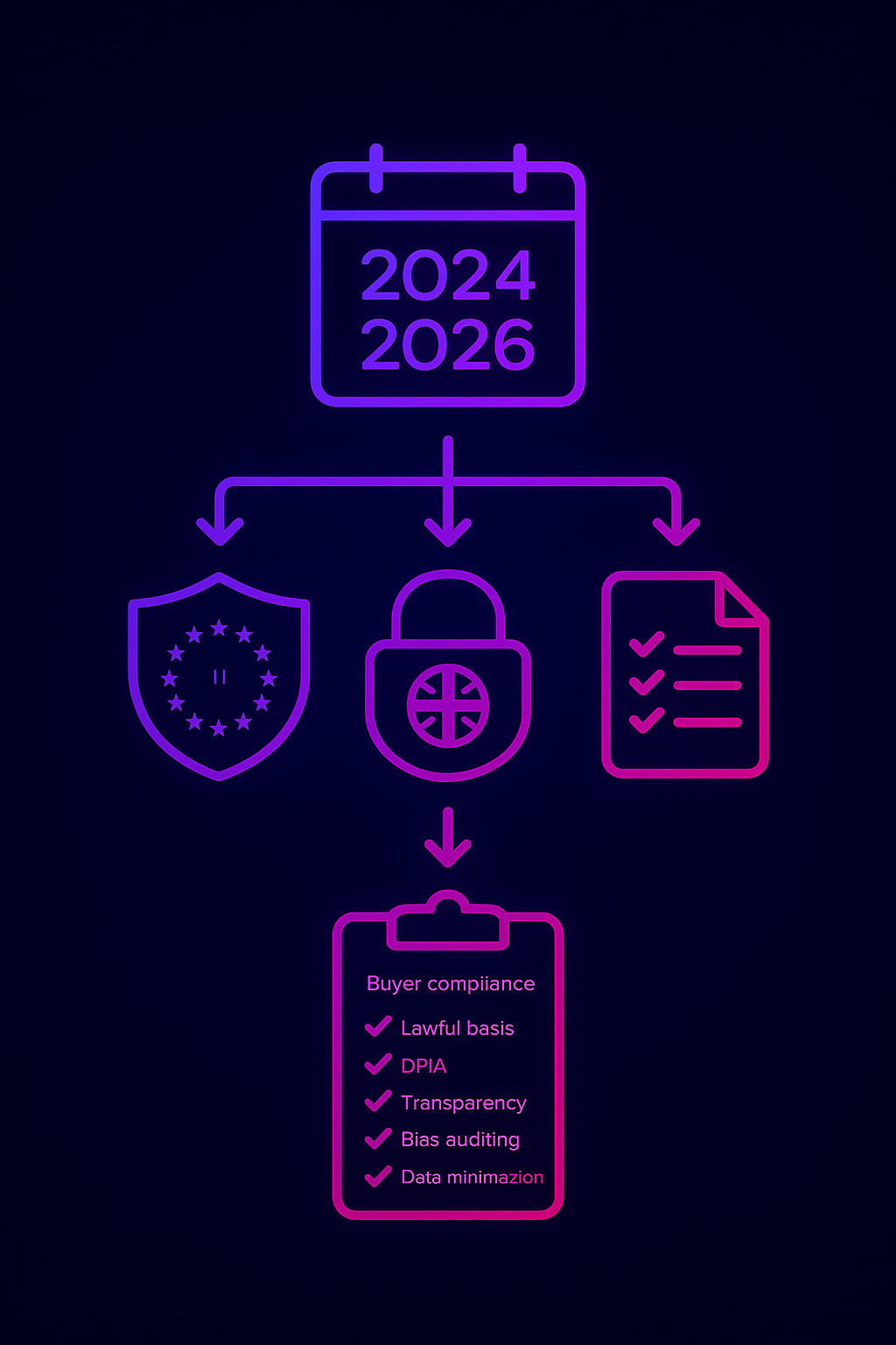 Timeline and regulation icons flowing into a compliance checklist clipboard