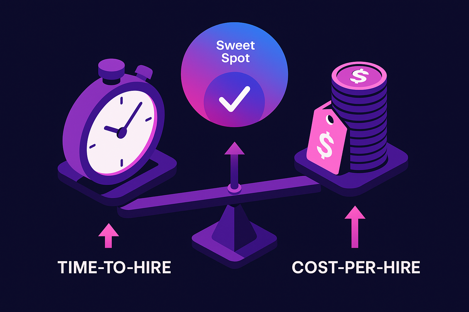 Isometric balance diagram aligning a stopwatch and coin stack to show optimal overlap of time and cost efficiency
