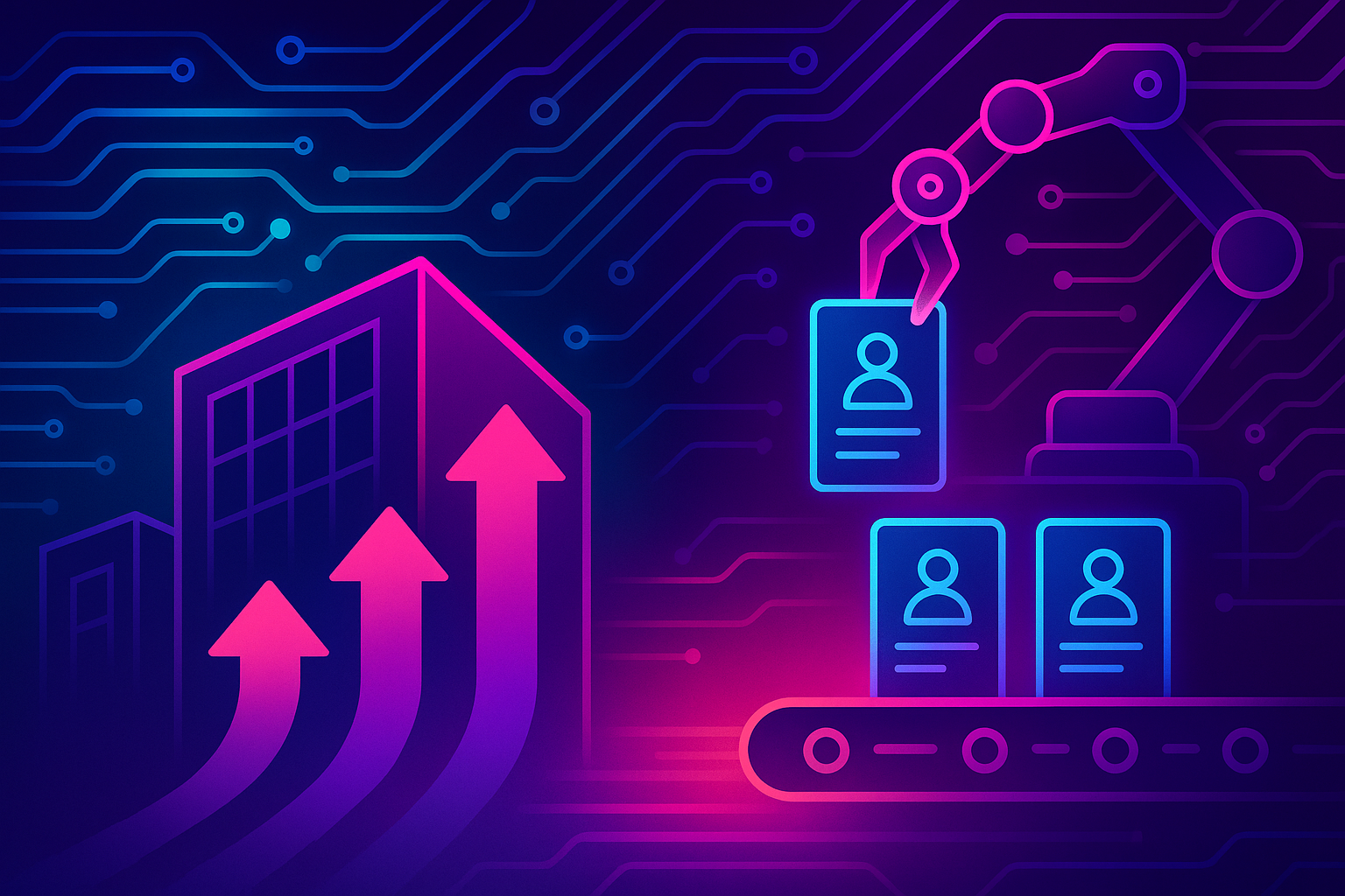 Vector layers show internal career paths inside a building and AI automation feeding hiring workflows