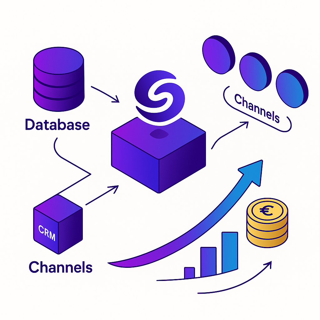 Diagram of Adway integrating with ATS, CRM, and social channels, driving an upward ROI arrow
