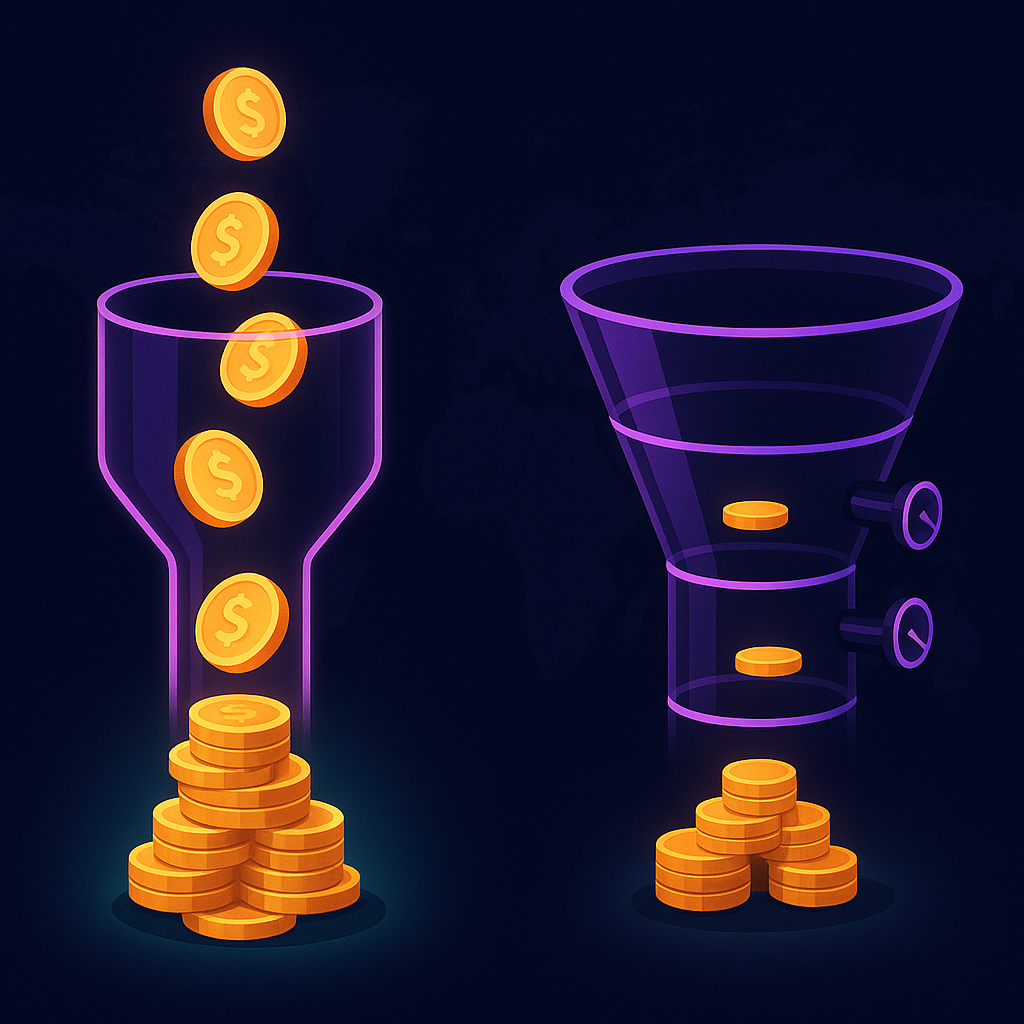 Side-by-side funnels showing transparent pricing with high ROI versus custom pricing with variable returns
