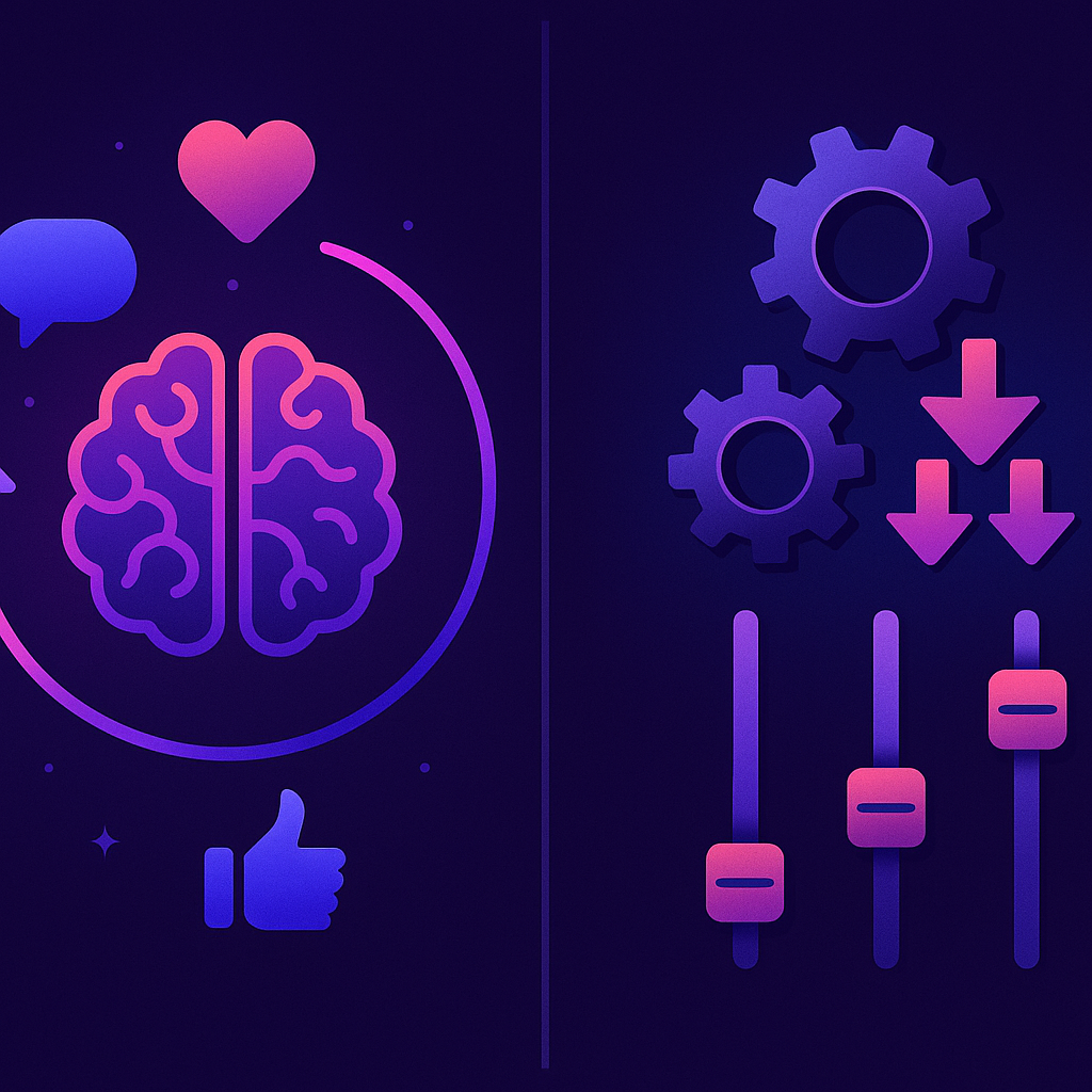 Autonomous AI feedback loop versus rule-based gears with manual sliders in a split illustration