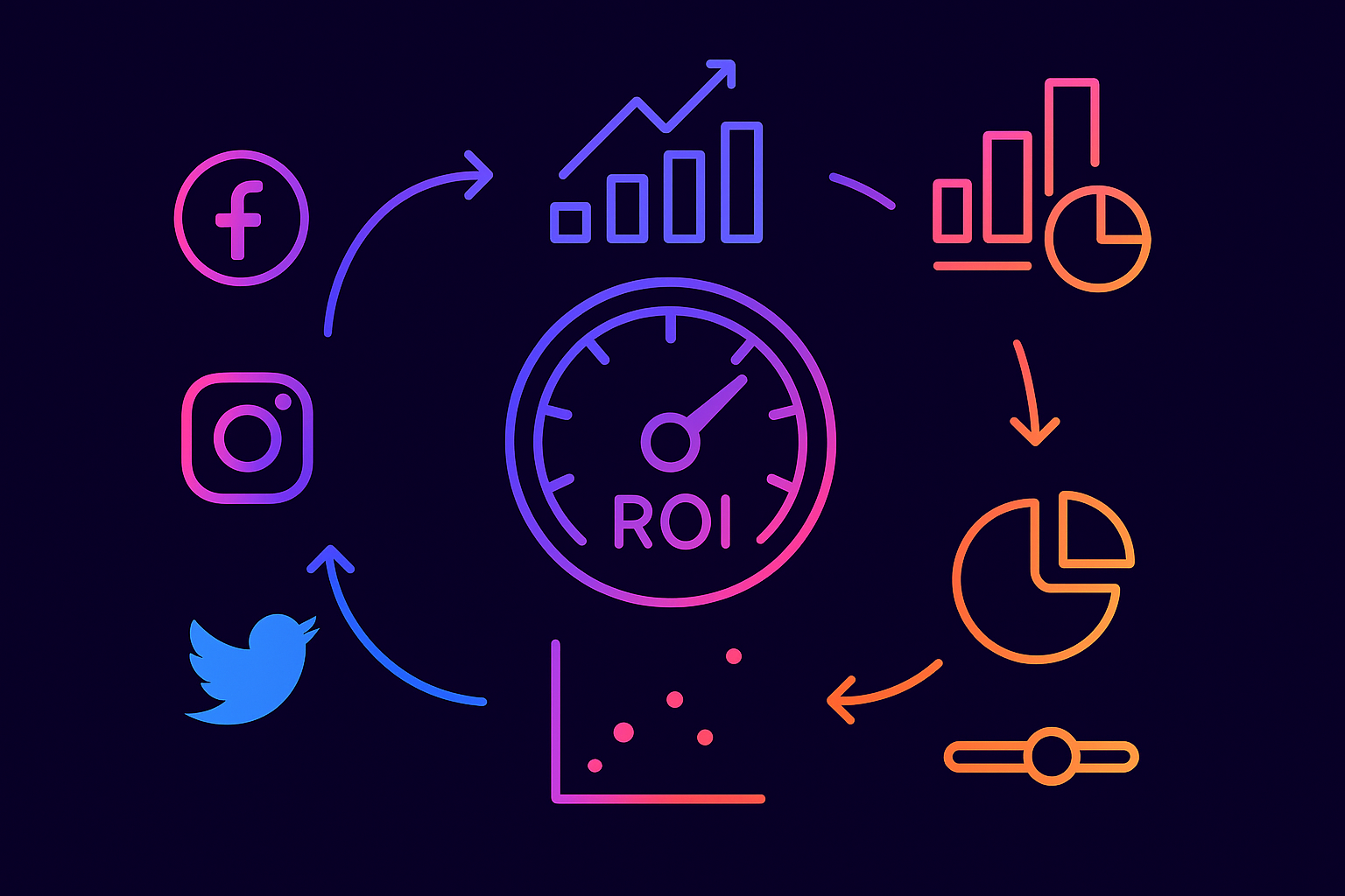 Feedback-loop infographic with social data flowing into charts and an ROI gauge