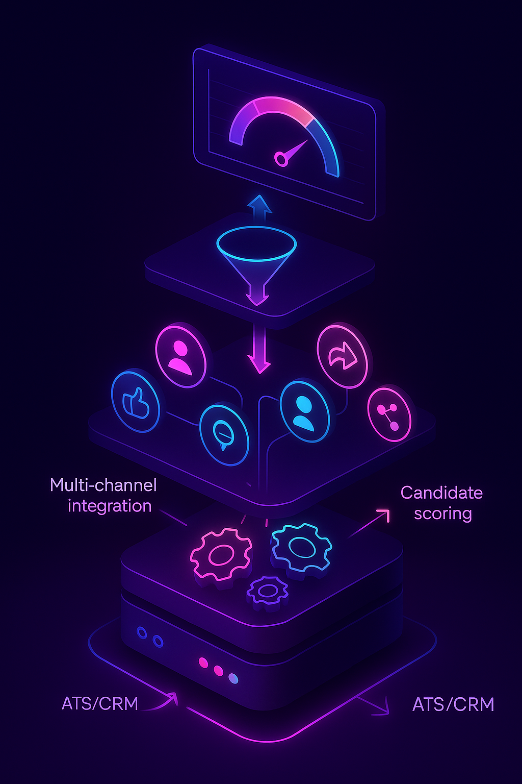 Isometric diagram of recruitment marketing automation stack with five interconnected layers