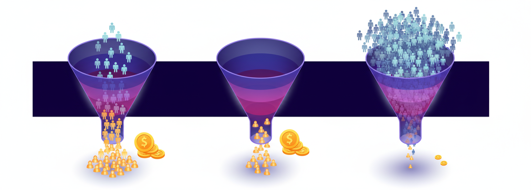 Vector funnels comparing conversion efficiency of referrals, social recruiting, and job boards.