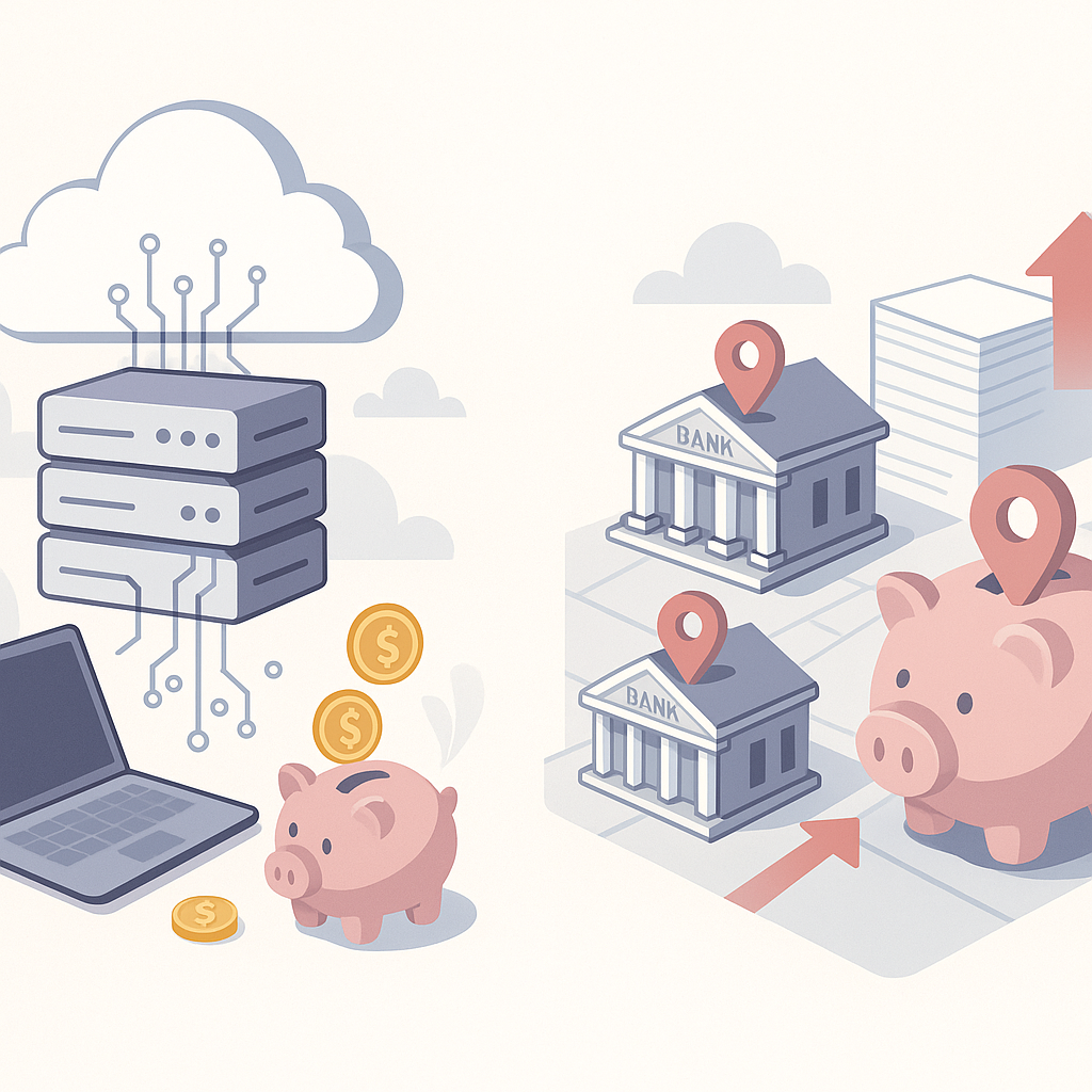 Vector comparison of AI digital mortgage model with lower fees versus branch network’s higher overhead costs