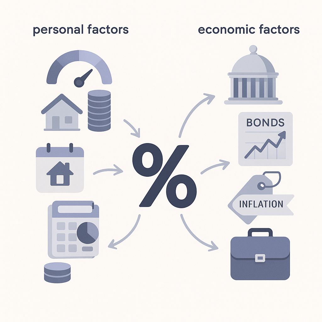 Icons of personal and economic drivers converging toward a percentage sign to depict mortgage rate influences