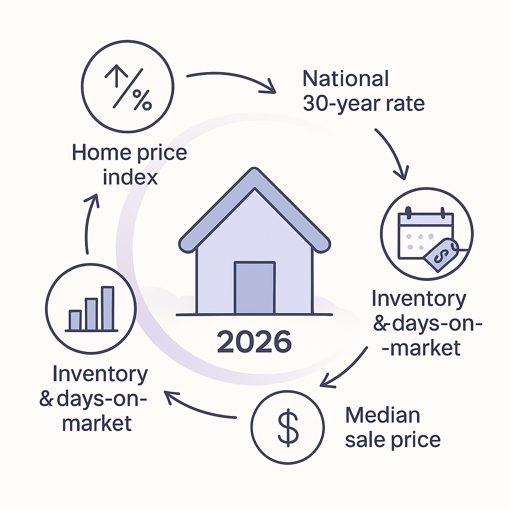 Diagram of national rates, inventory and prices converging to influence 2025-26 College Station mortgage rates