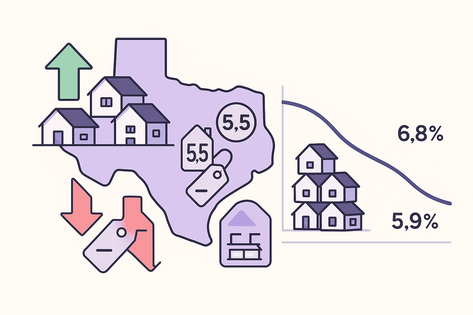Infographic linking Texas sales growth, price dip, inventory, concessions, and falling mortgage rate forecast
