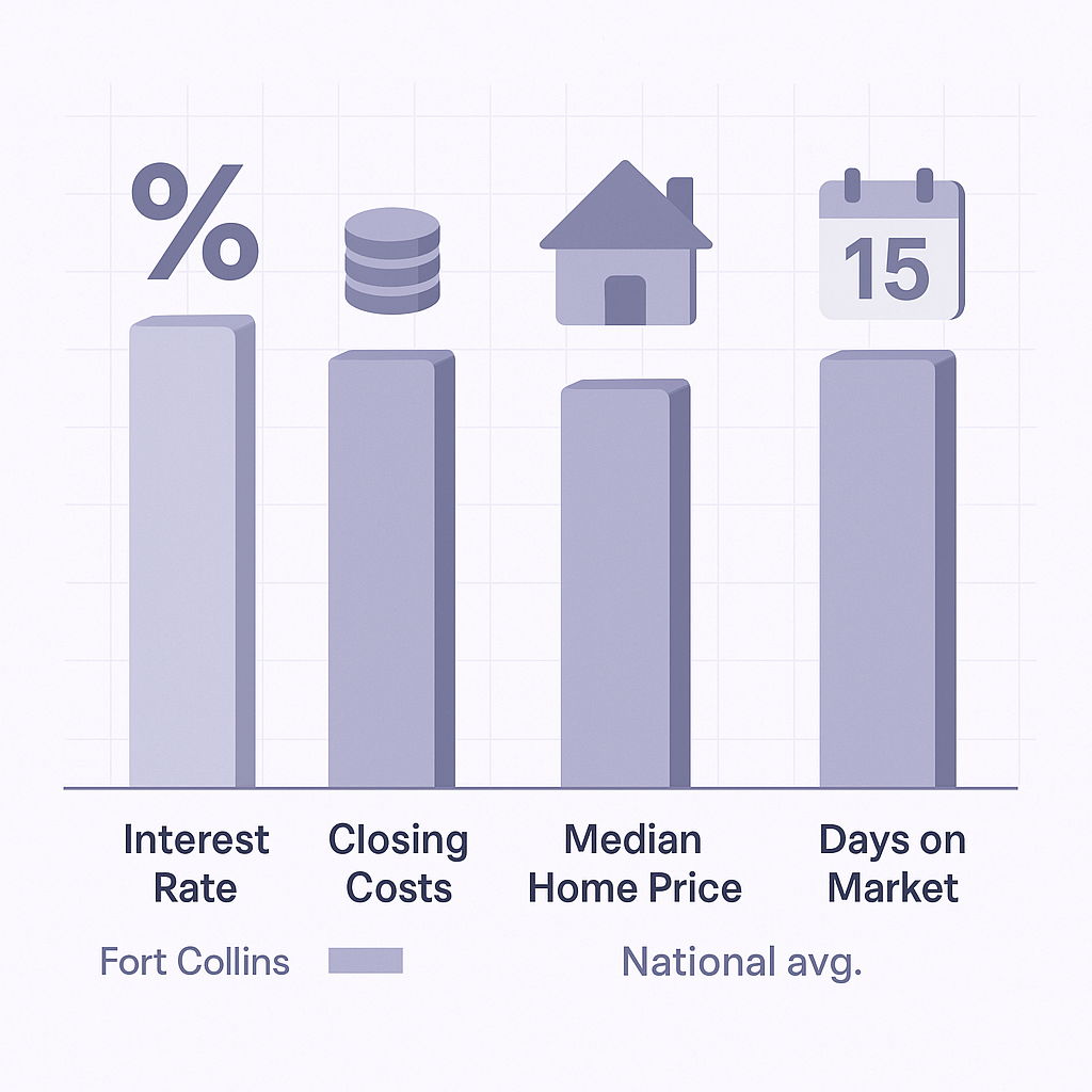 Paired bars visualize Fort Collins mortgage metrics versus higher national averages