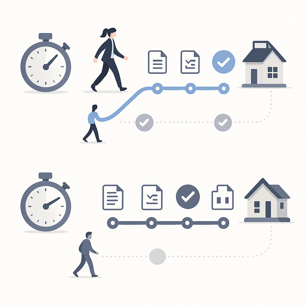 Flow diagram contrasting a short digital lender timeline with a longer traditional bank mortgage timeline