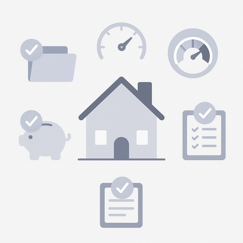 Checklist icons for documents, DTI, credit score, savings, and pre-approval around a house symbol