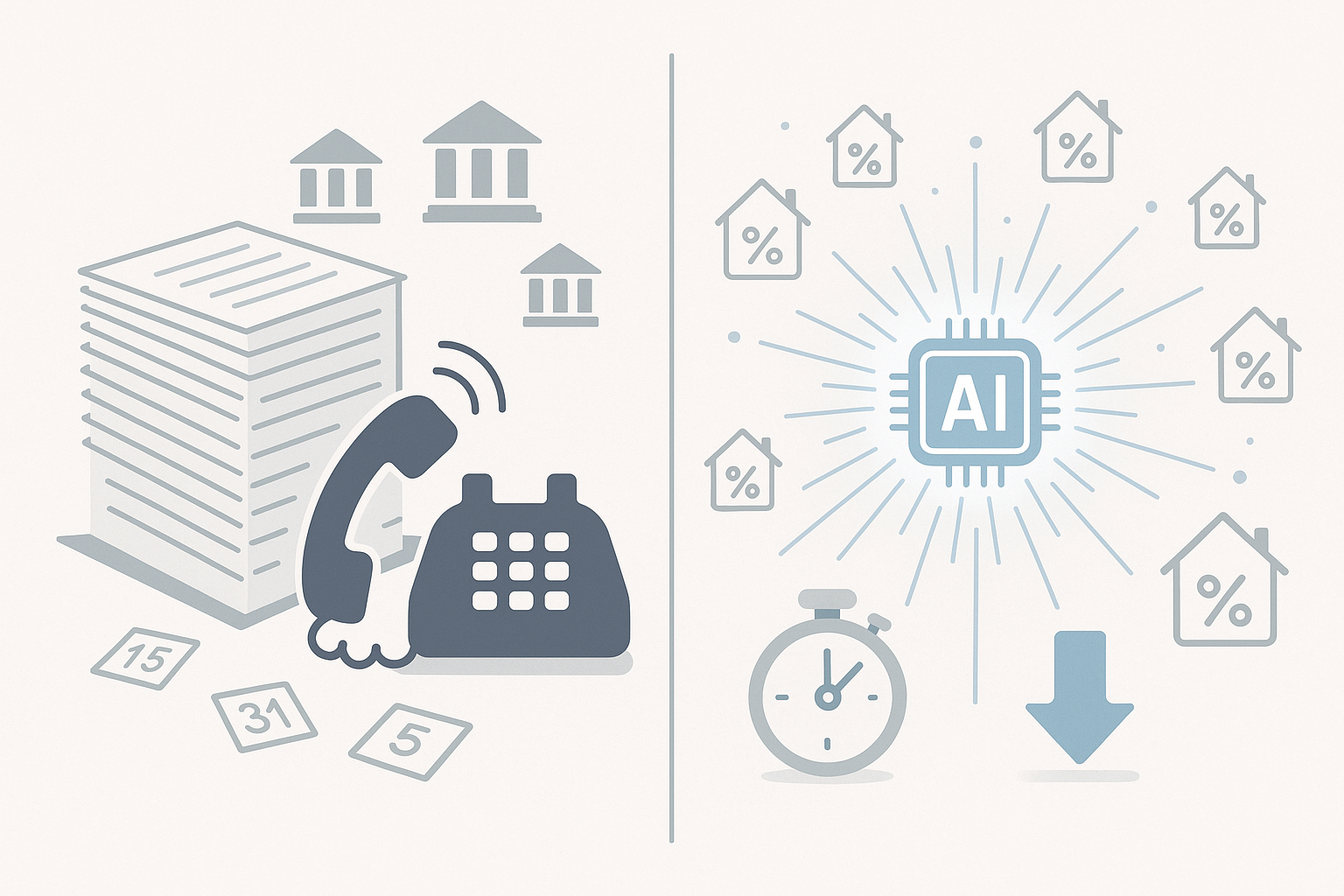 Split illustration contrasting paperwork-heavy manual rate shopping with speedy AI comparing many lenders