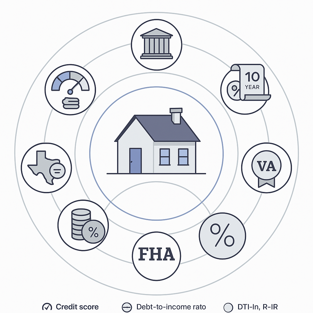 Concentric ring diagram showing national, Texas, and borrower factors influencing Killeen mortgage rates
