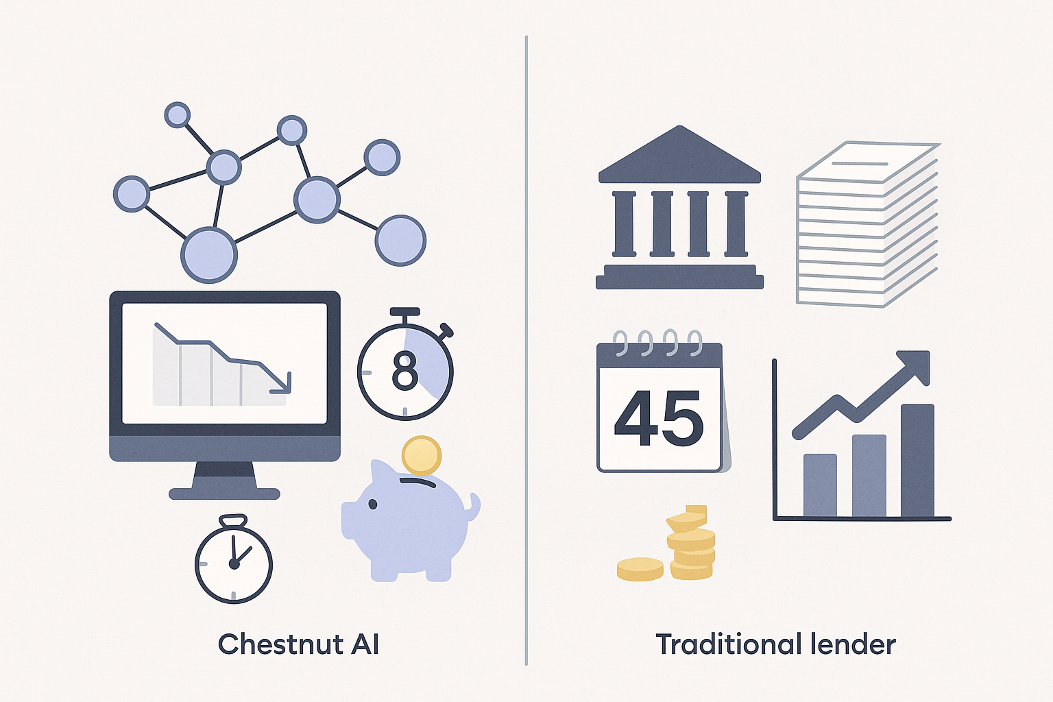 Side-by-side illustration contrasting fast, multi-lender Chestnut AI process with slower traditional lending