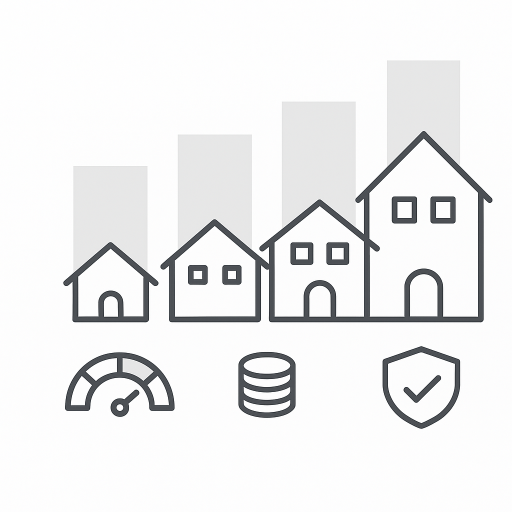 Four progressively larger house icons with bars showing relative FHA loan limits for Austin property types