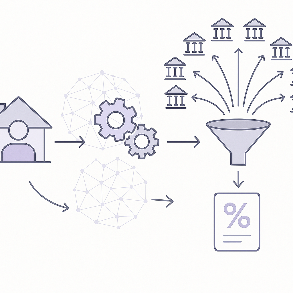 Flow diagram of a homebuyer routed through an AI engine to many lenders, funneling to the best rate offer