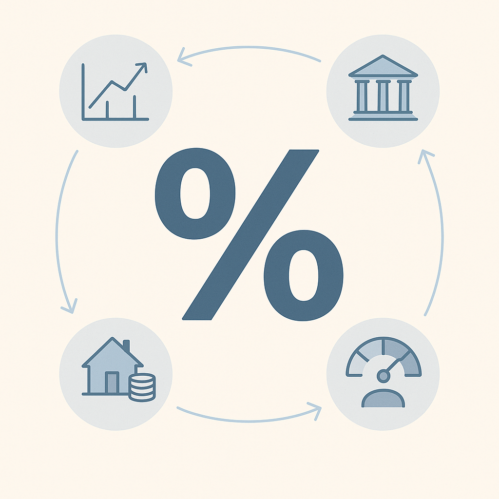 Diagram of five macro and personal factors feeding into a central mortgage rate icon