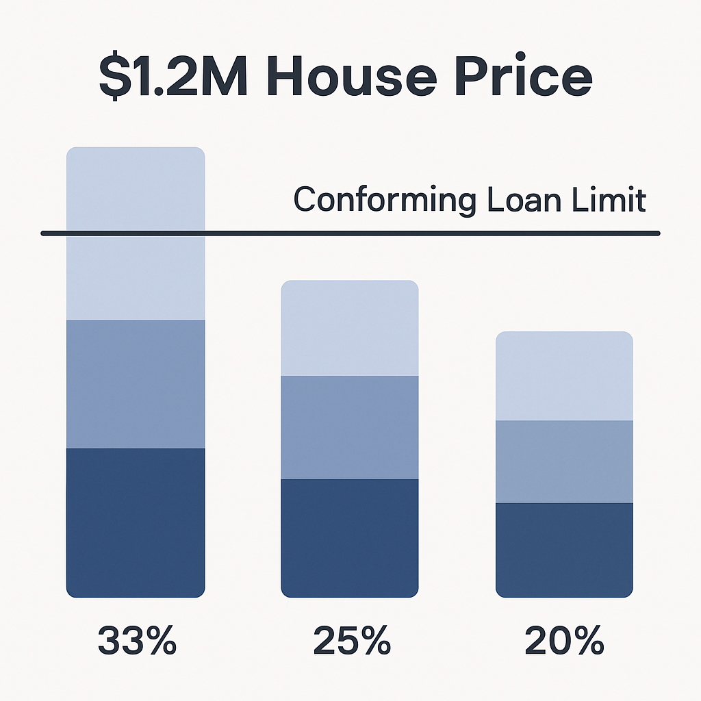 Stacked bar graphic comparing down-payment scenarios against the conforming loan limit for a $1.2 million Austin home