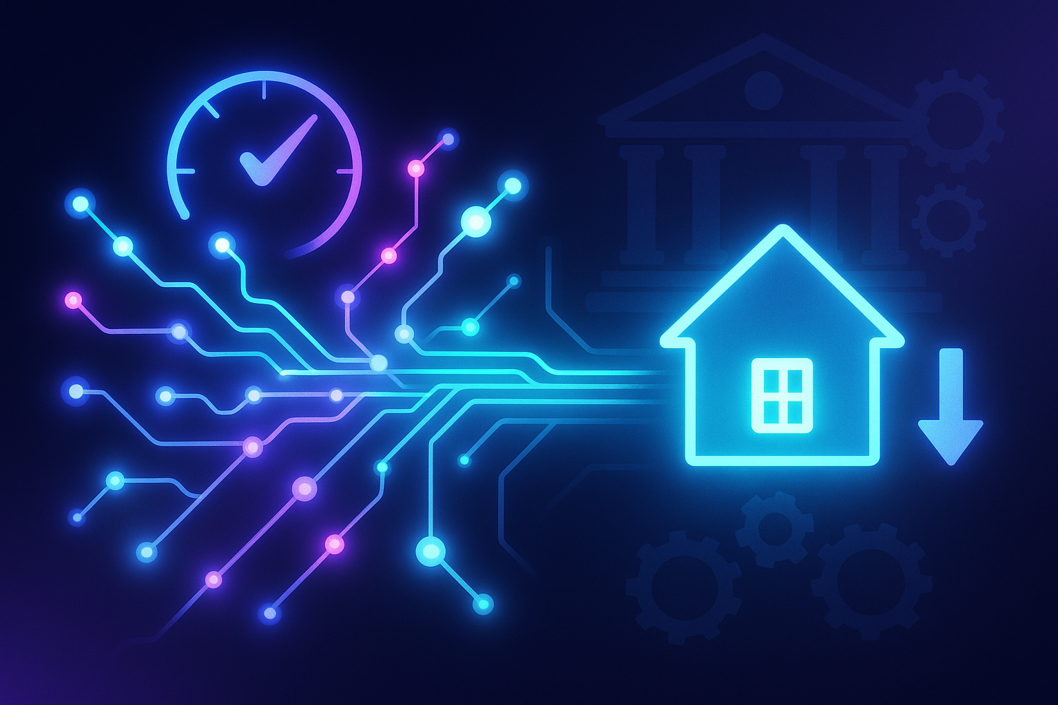 Abstract depiction of AI-driven mortgage platform lowering rates faster than traditional banks.