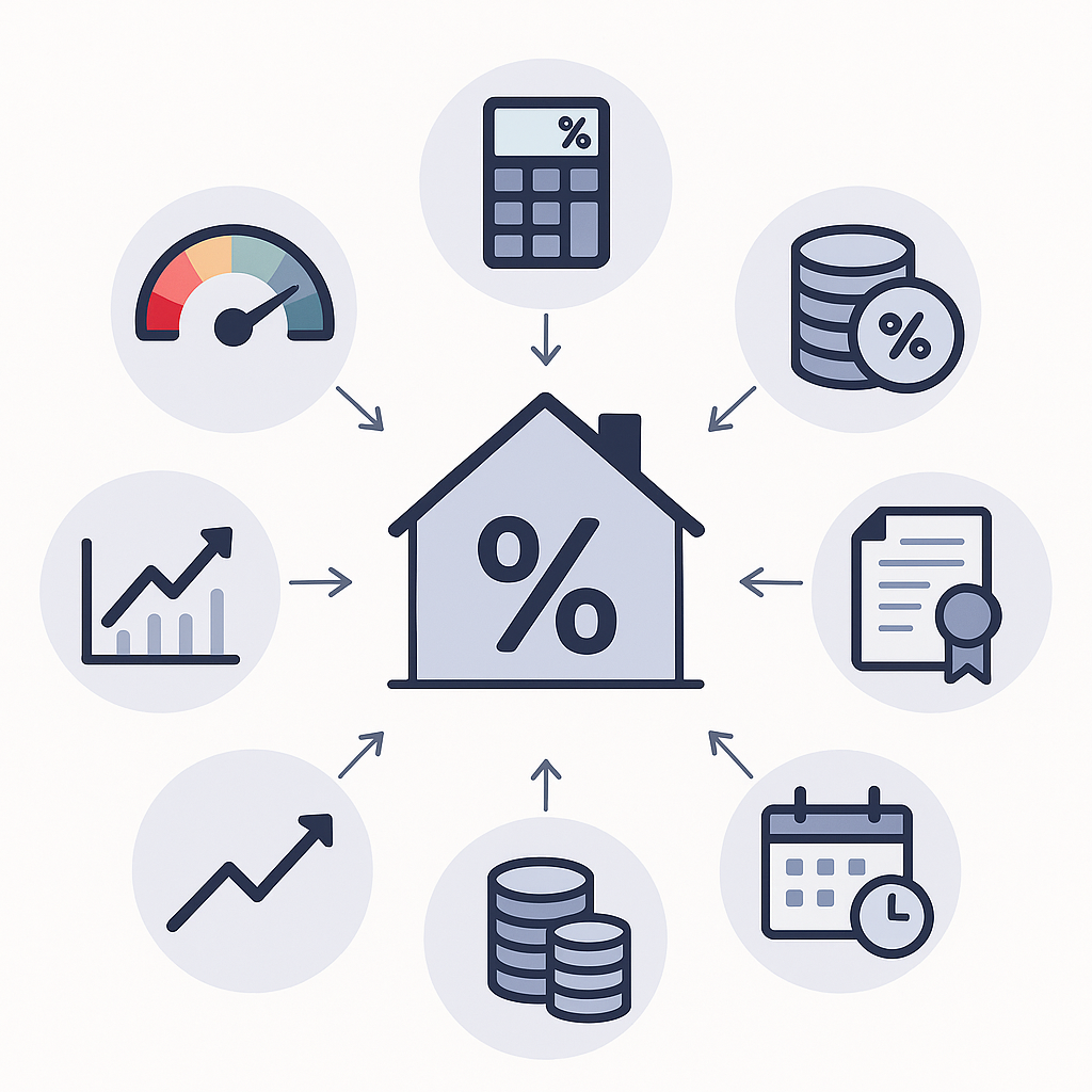 Six borrower and market factors illustrated as icons feeding into a central mortgage rate symbol