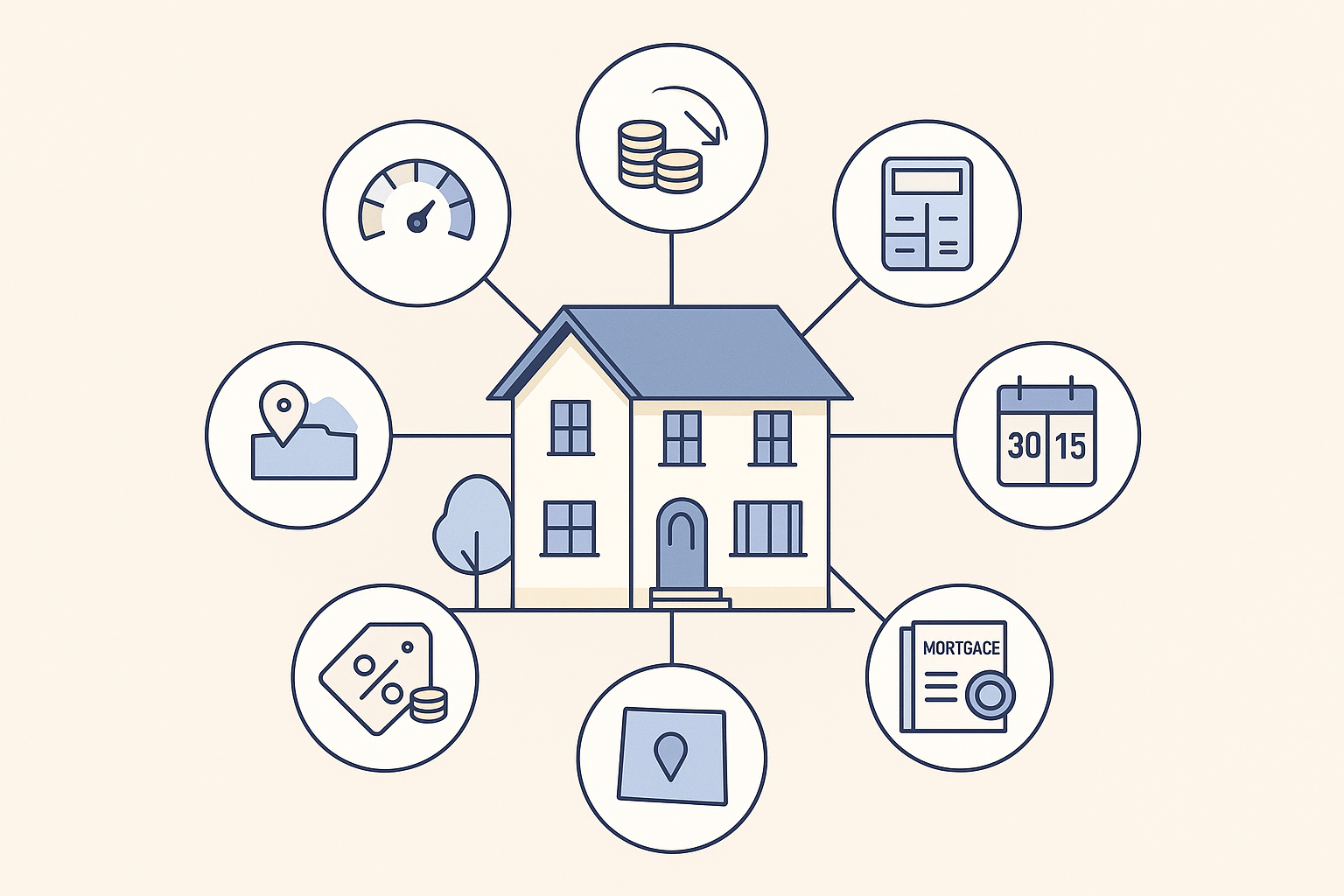 Radial diagram of a house linked to seven icons representing credit, down payment, DTI, term, loan type, location, and,