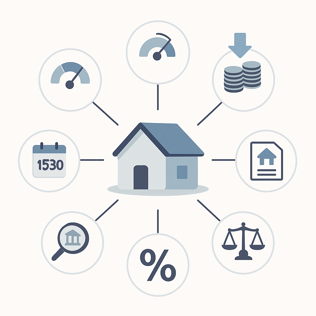Radial diagram showing six icons around a house that depict key factors influencing mortgage rates
