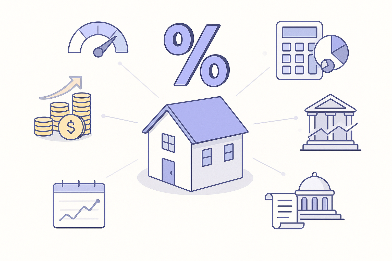 Diagram of six economic and credit factors orbiting a central house icon to illustrate influences on mortgage rates.