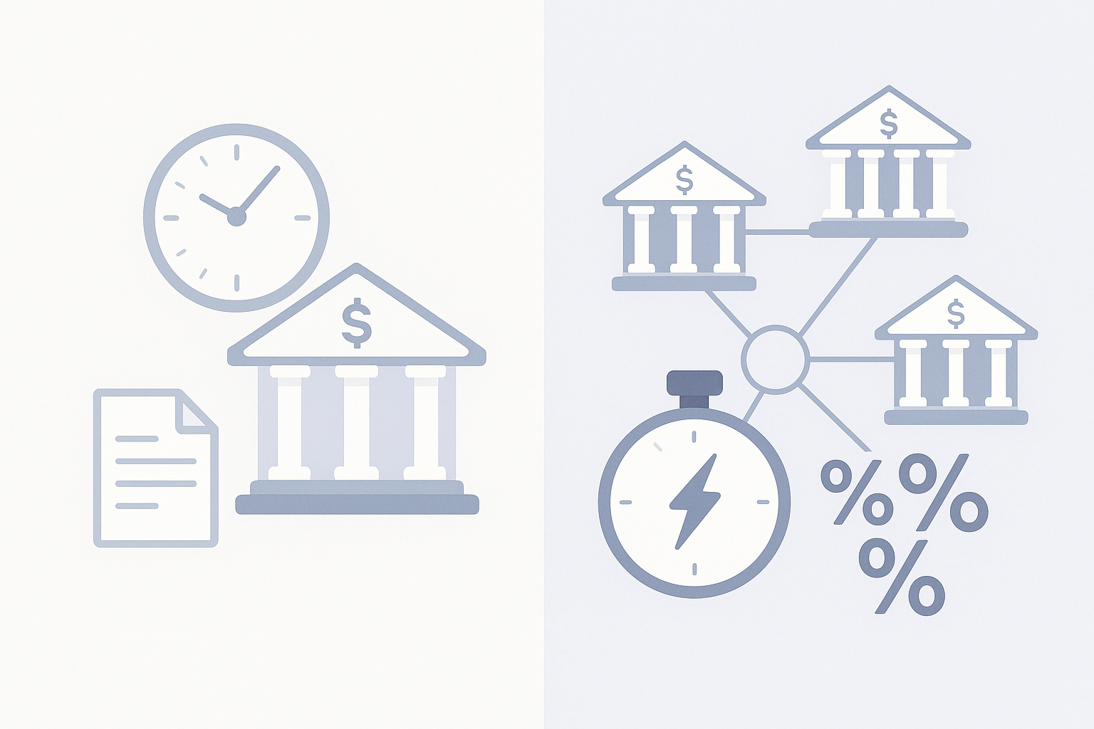 Split-screen vector compares slow single-bank process with Chestnut AI’s fast multi-lender network and lower rates