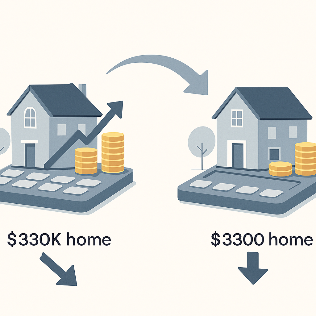 Side-by-side illustration showing a Fort Worth home with higher versus lower coin stacks after a 0.5% mortgage rate drop