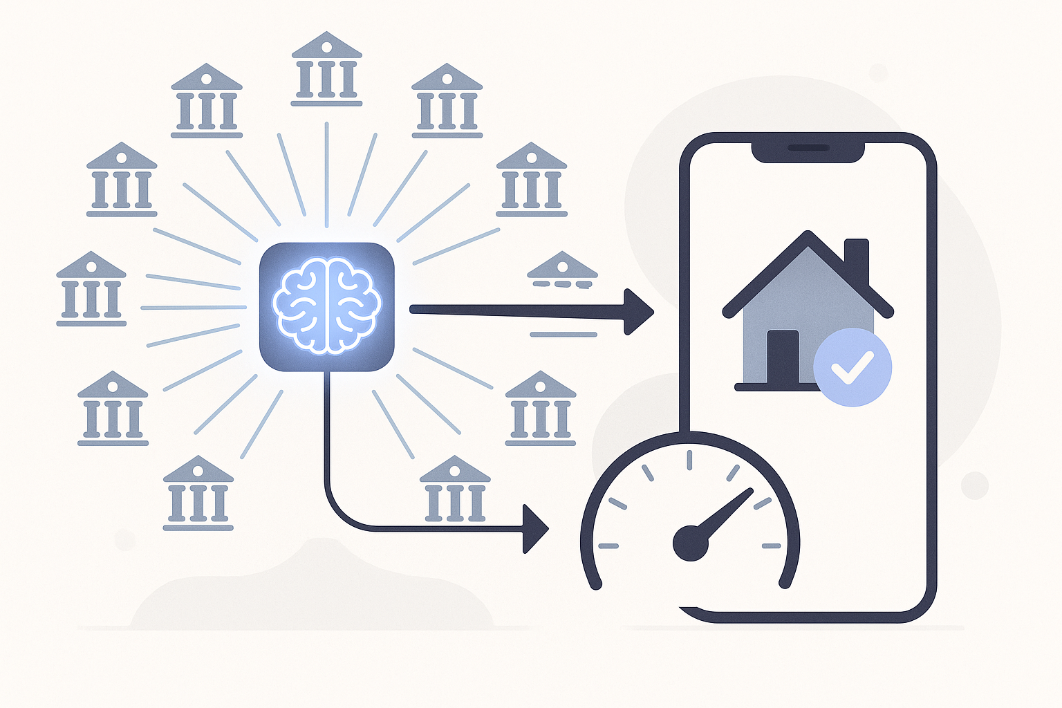 Flow diagram of AI hub connecting to many lenders and delivering a quick mortgage approval to a smartphone
