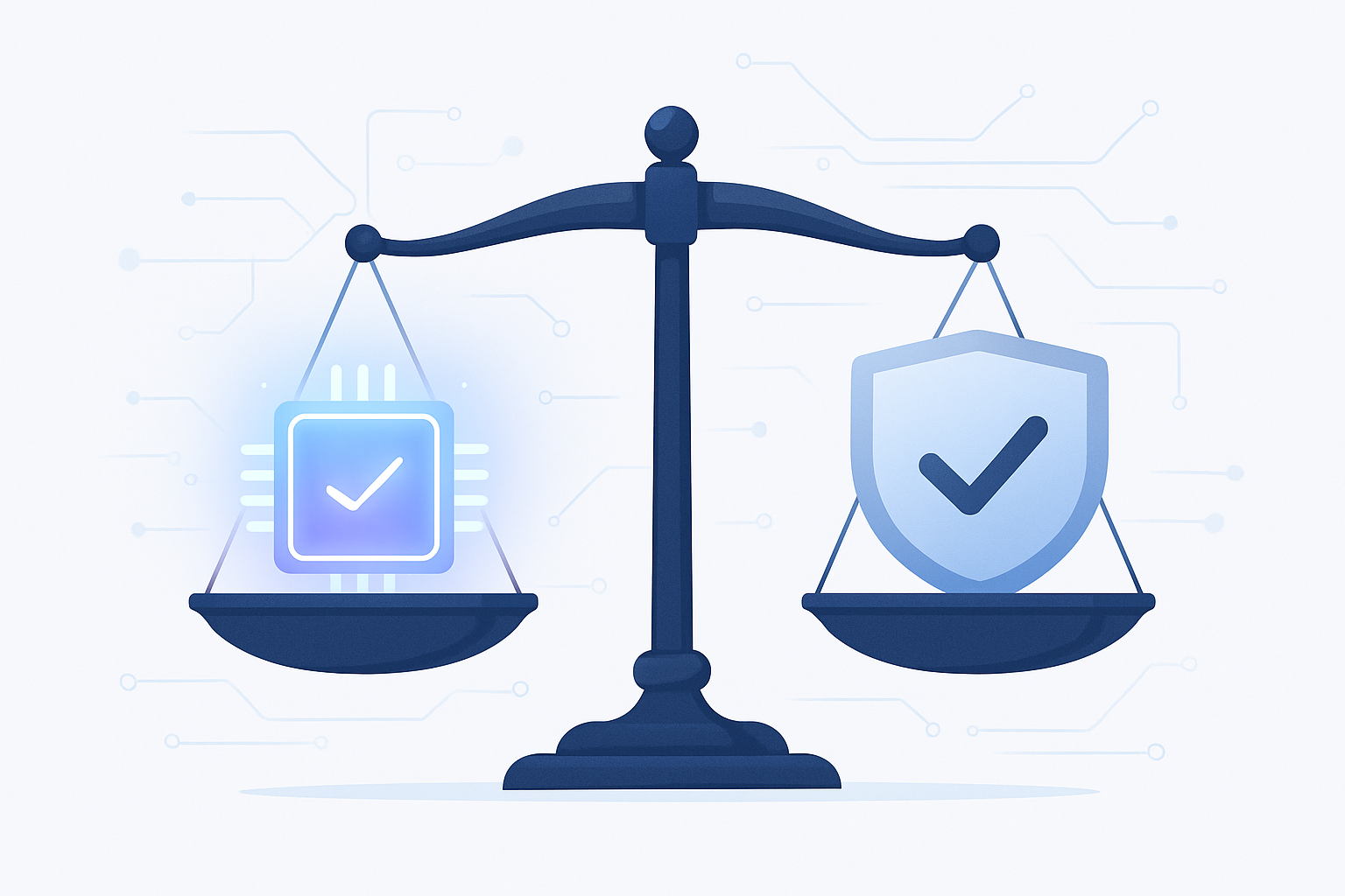 Scales balancing an AI microchip against a compliance shield, symbolizing fair lending oversight
