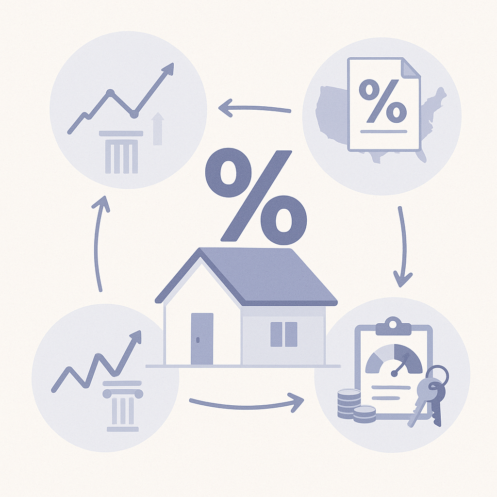 Diagram showing house with percentage symbol linked to macro economy, national benchmarks, and personal borrower factors