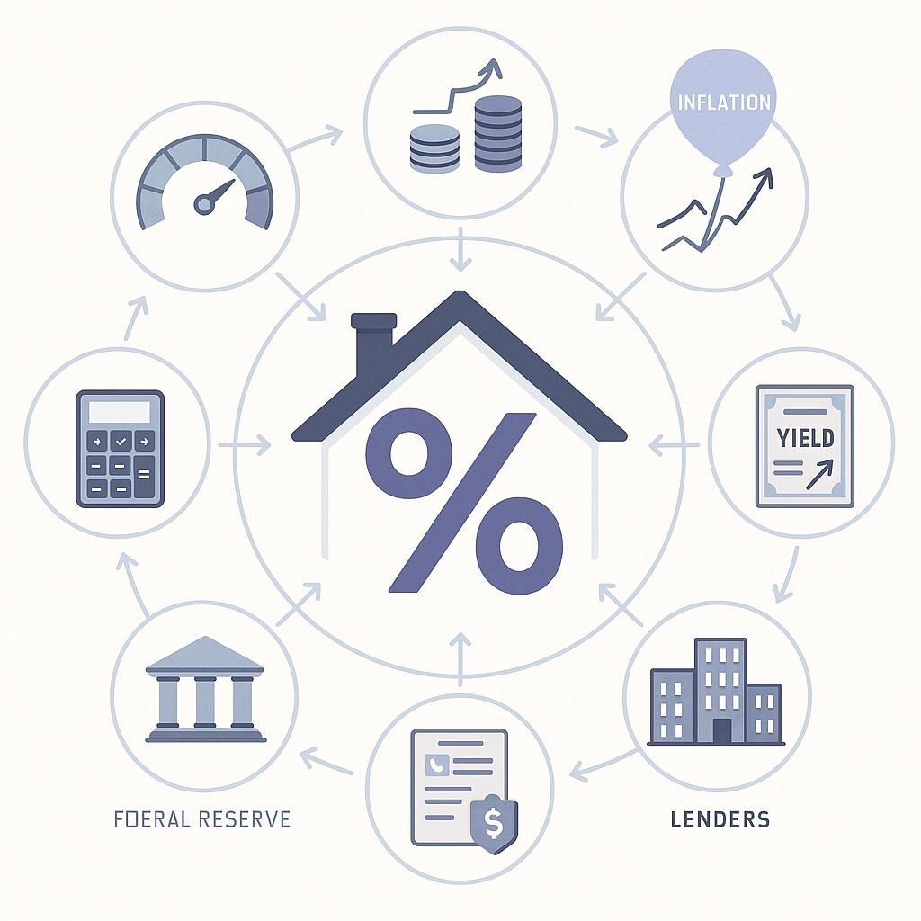 Hub-and-spoke diagram of economic and personal factors feeding into a central mortgage rate icon.