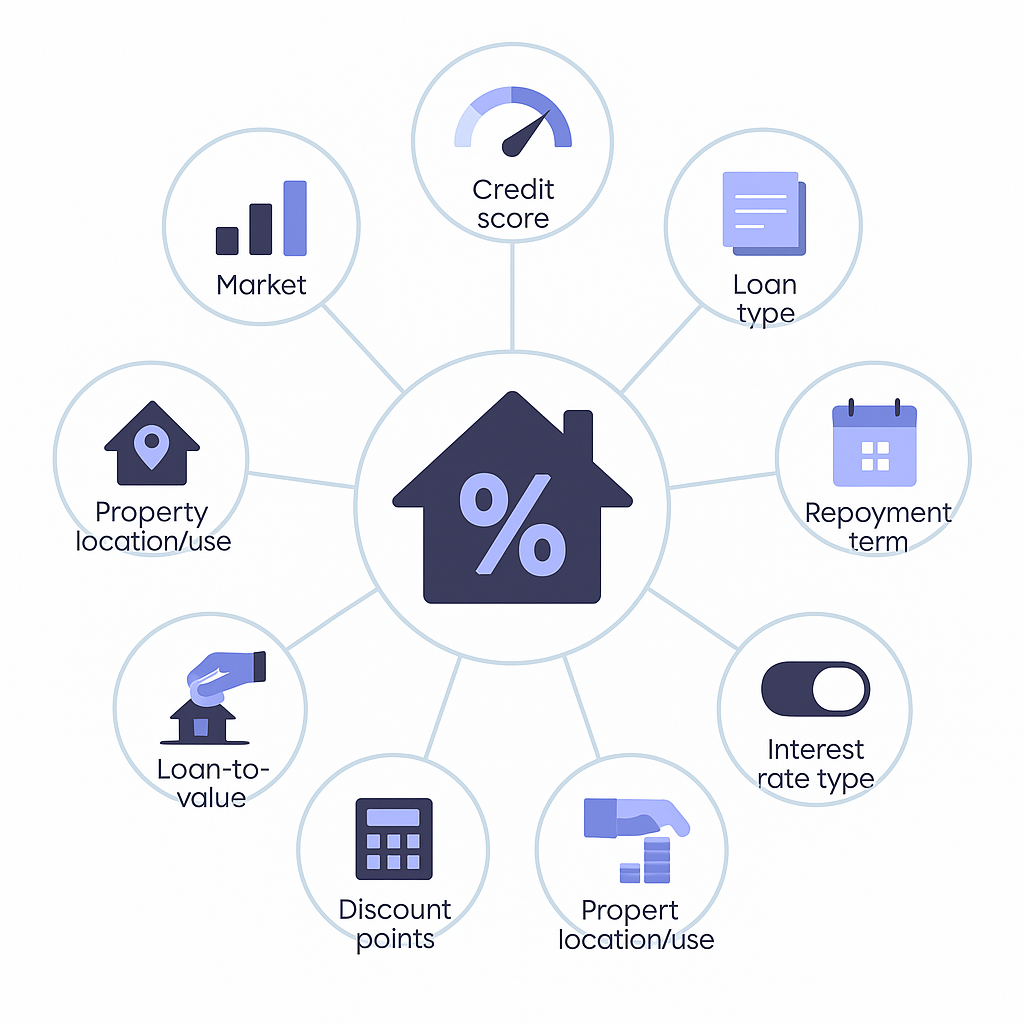 Radial infographic depicting eight key factors influencing mortgage interest rates for homebuyers