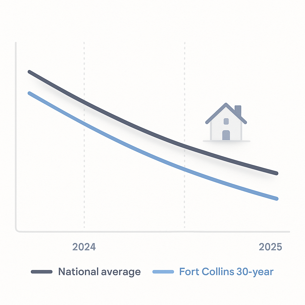 Dual-line graph showing Fort Collins mortgage rates trending below national averages from 2024 to 2025.