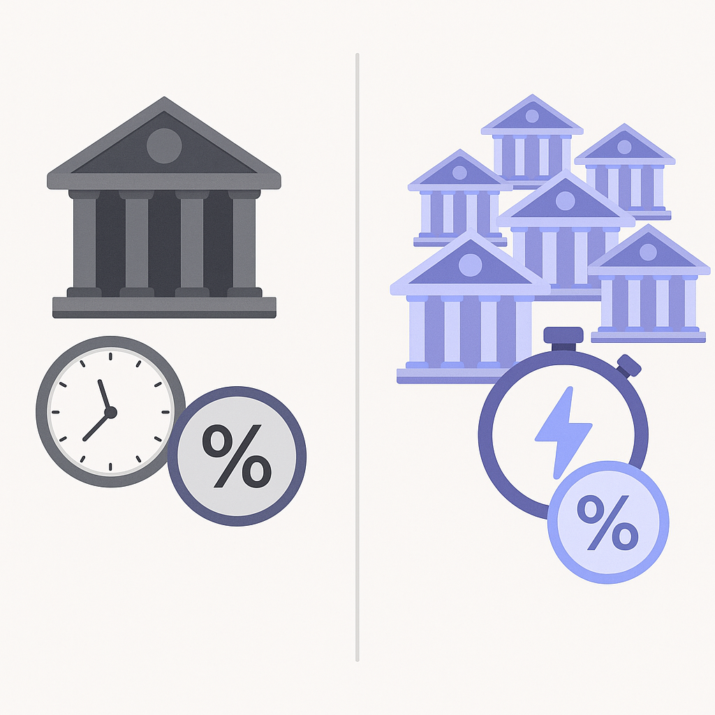Icon comparison contrasting single-lender slow high-rate process with Chestnut9s fast multi-lender lower-rate approach.