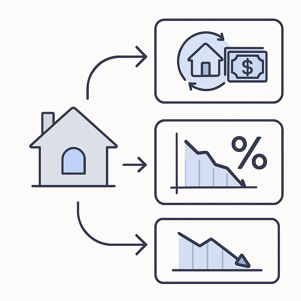 Flow diagram showing post-purchase options: HELOC path and refinance path leading from a Garland home