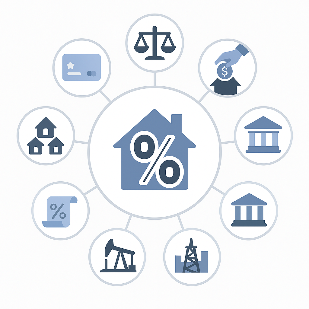 Radial diagram of icons showing eight factors that influence Houston mortgage rates