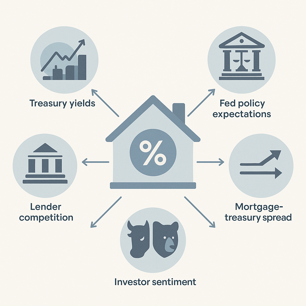 Diagram of five market forces orbiting and influencing Colorado mortgage rates