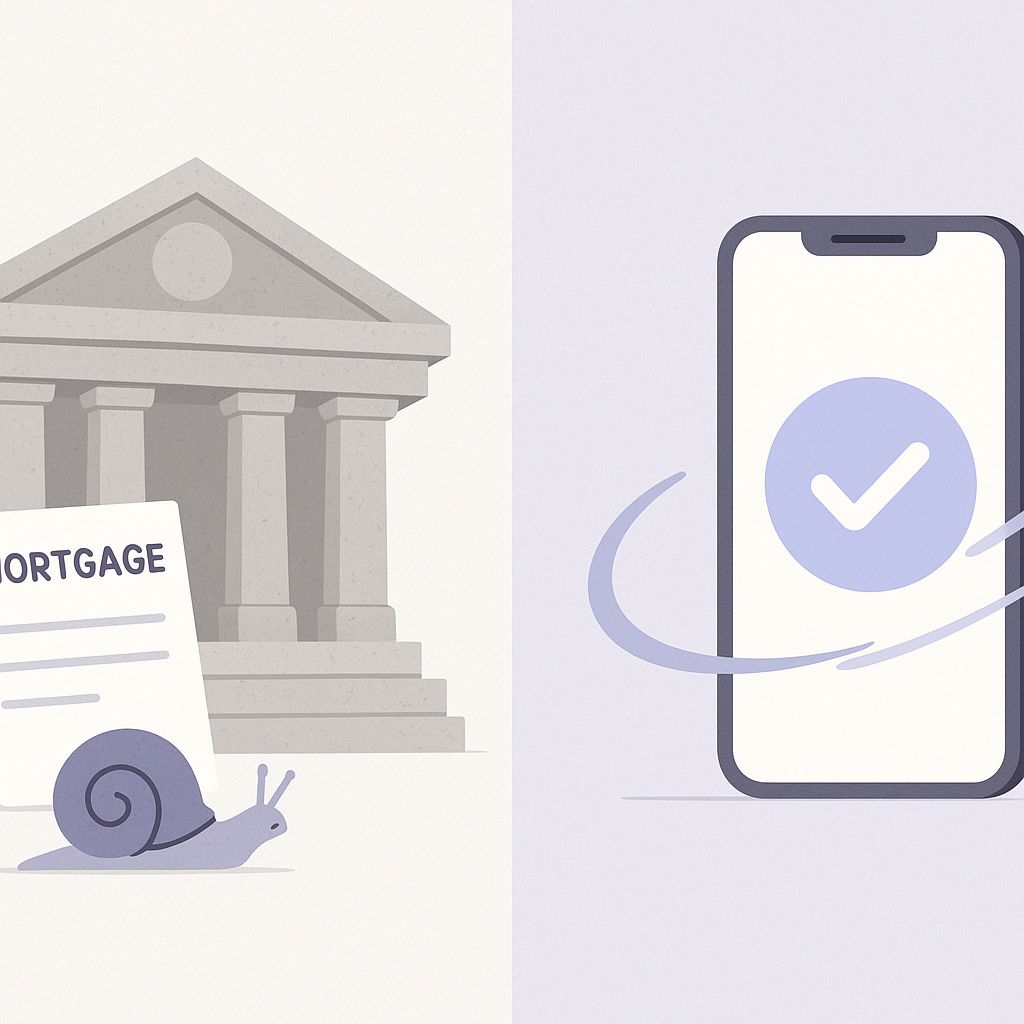 Split illustration contrasting slow single-bank lending with fast AI comparing many lenders simultaneously
