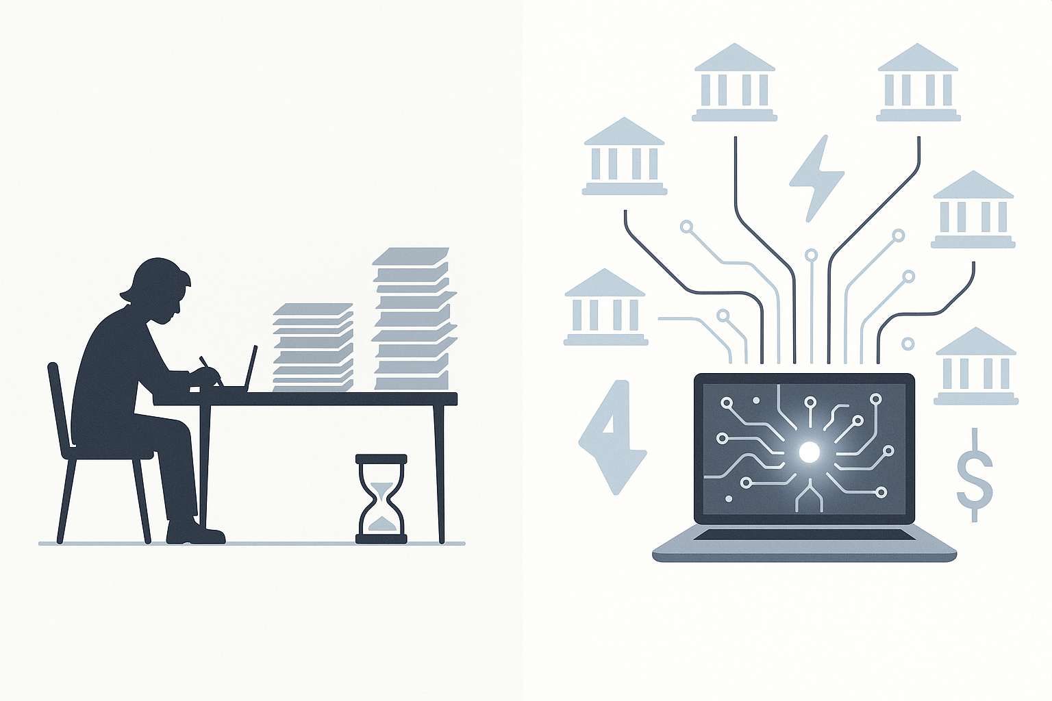 Side-by-side illustration contrasting paper-heavy broker process with fast AI platform accessing many lenders
