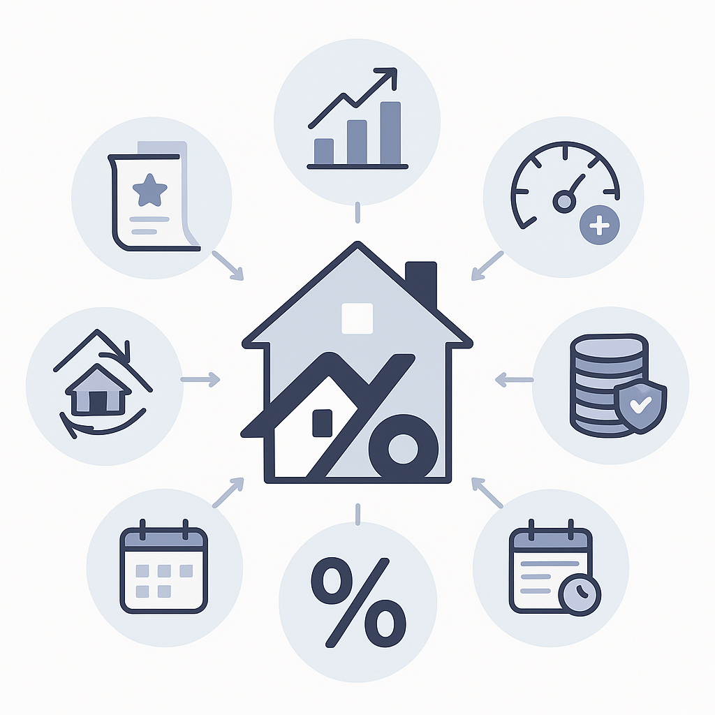 Diagram of six economic and borrower factors converging on a house icon to illustrate Plano mortgage rate drivers