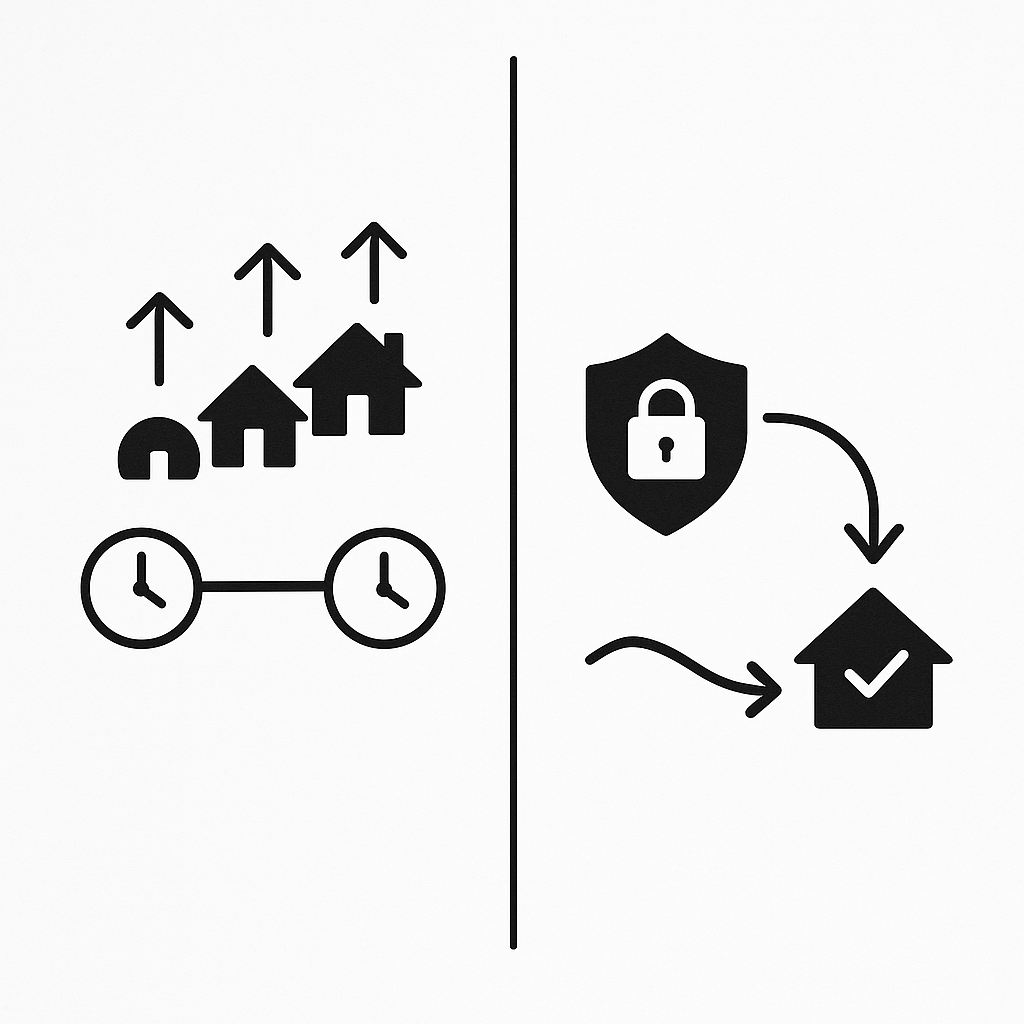 Side-by-side timelines contrasting traditional lock risk with lock-and-shop float-down flexibility
