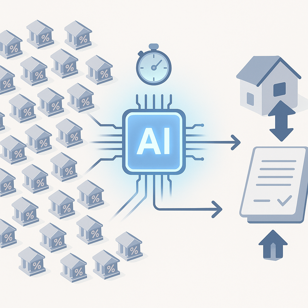 Flow graphic of many lender offers funneling through an AI chip to output one lower mortgage rate quickly