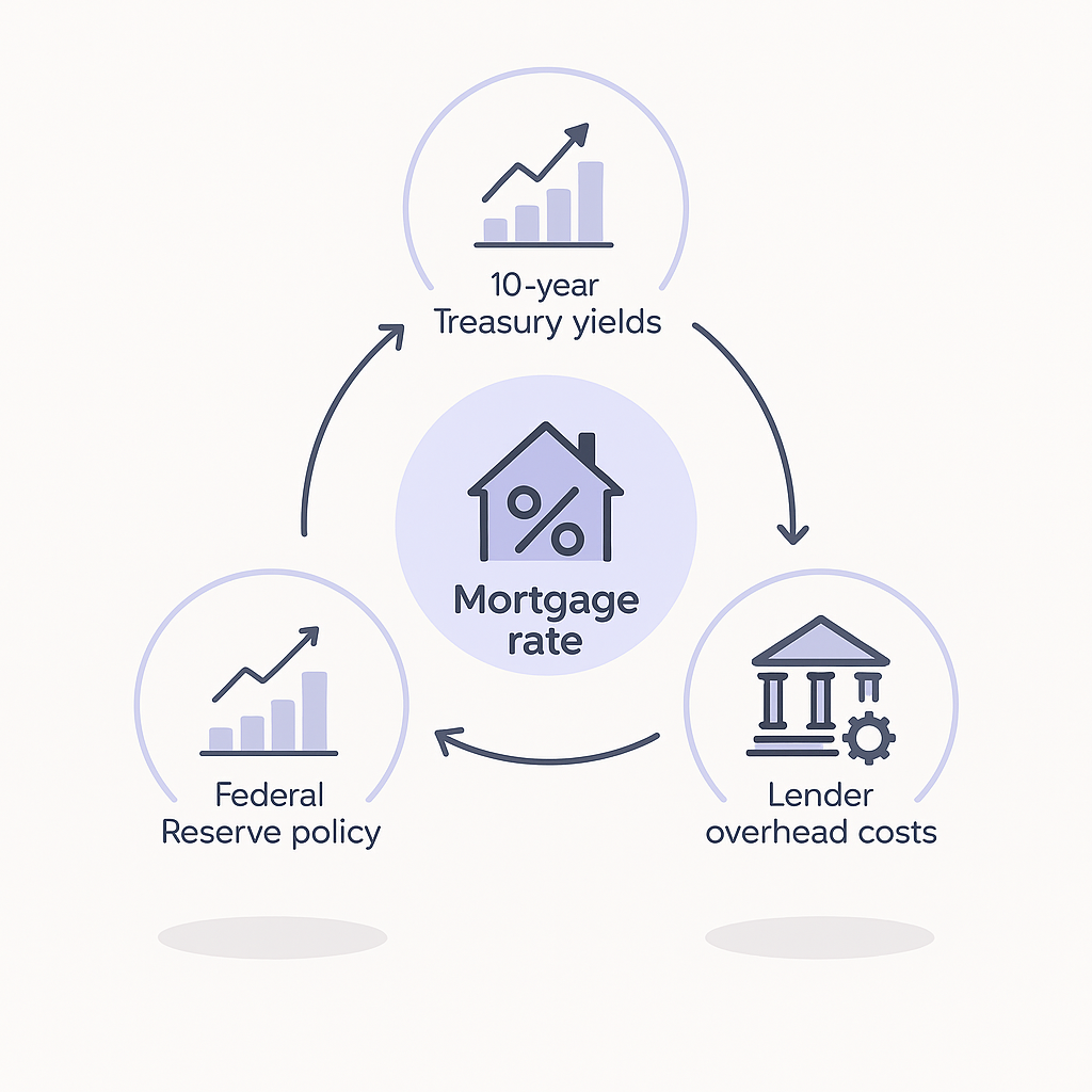 Diagram of three factors—Treasury yields, Fed policy, lender costs—converging to influence mortgage rates