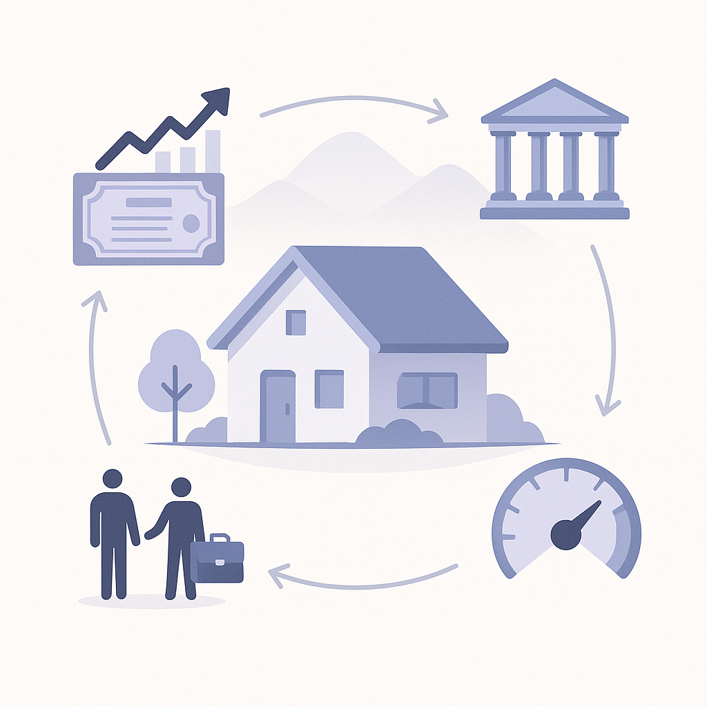 Diagram showing macro factors like Fed policy, inflation, jobs, and Treasury yields converging on Englewood mortgage r…