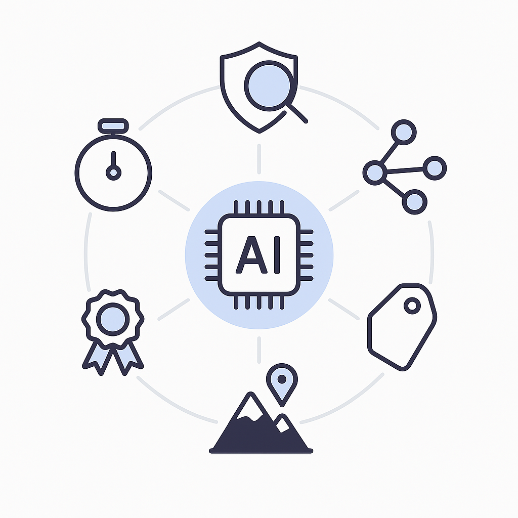 Radial diagram showing six icons representing key criteria for selecting an AI mortgage platform