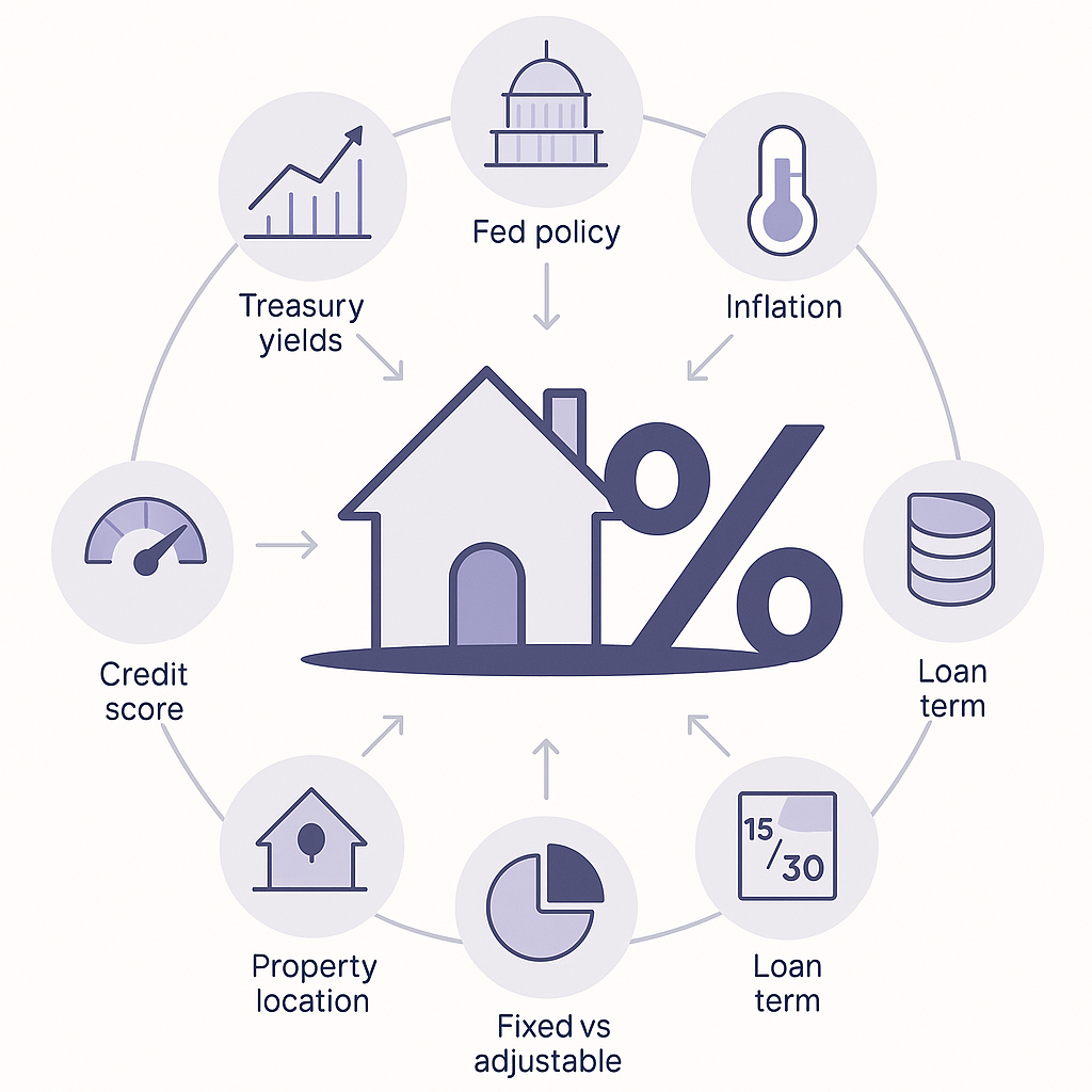 Layered diagram of macro and borrower factors influencing mortgage rates