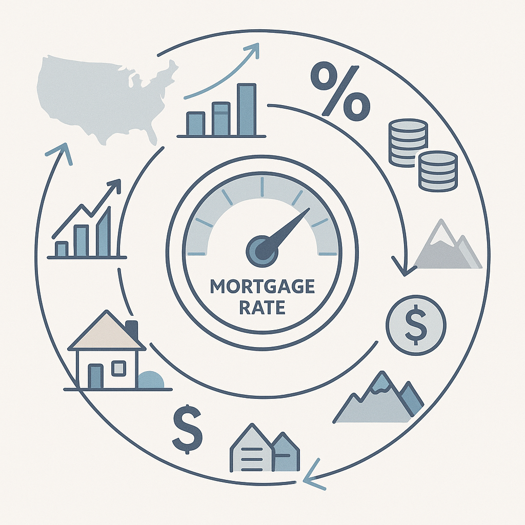 Layered rings show national, economic, and local factors converging on a central mortgage rate gauge